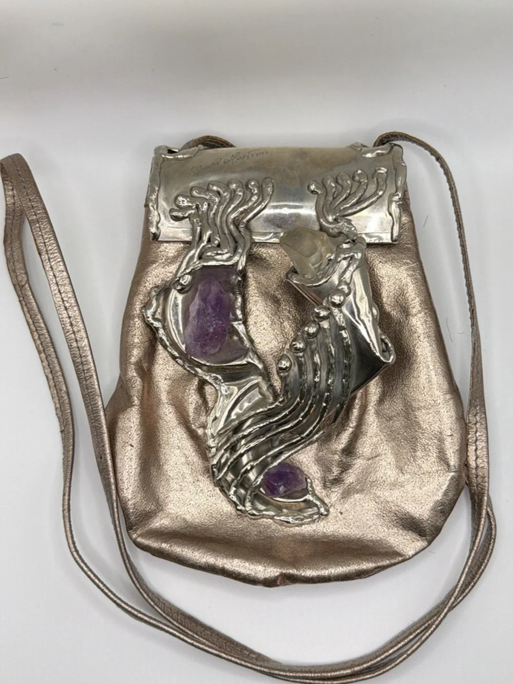 Metallic Bronze Crossbody Bag with Silver Sculptural Accent and Amethyst Details